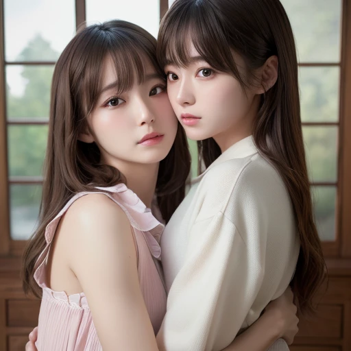 (Highest quality、4K、8k、High resolution、masterpiece:1.2)、Very detailed、(Real、Photorealistic、Photorealistic:1.37)、(japanese two girls)、 hug and kissing