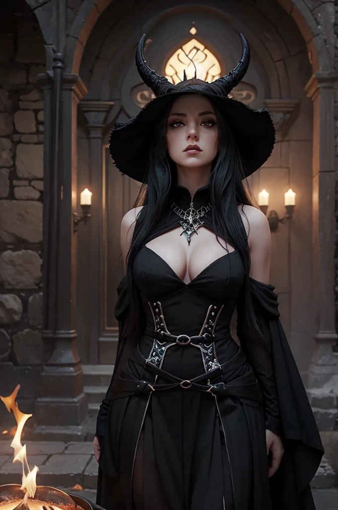 dnd chracter_1 woman_witch_black hair_ cauldron_demons_black dress_tasha_reina witch_spell_realistic animation_realistic lighting_Whole body