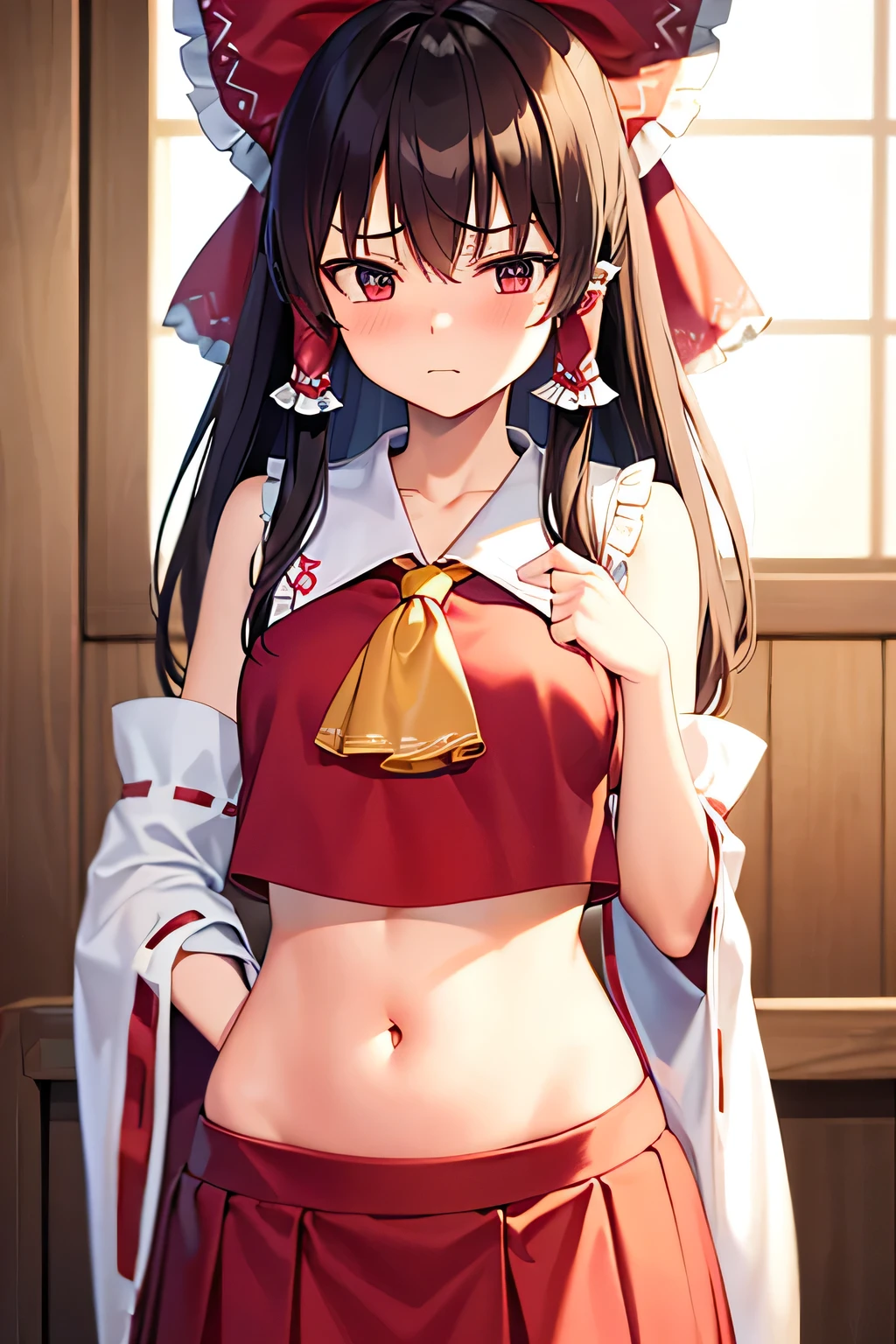 super fine illustration, vibrant colors, masterpiece, sharp focus, best quality, depth of field, cinematic lighting, ultra detailed, blush, belly button, navel, tummy, shrine maiden, hakurei reimu, 1girl, hair bow, ascot, hair tubes, detached sleeves, red shirt, red skirt, long skirt, long hair, dark brown hair, indoors, mature woman, ,hakurei reimu, 1girl, hair bow, ascot, hair tubes, miko, detached sleeves, Reimu Hakurei, annoyed, looking down, mature face, midriff