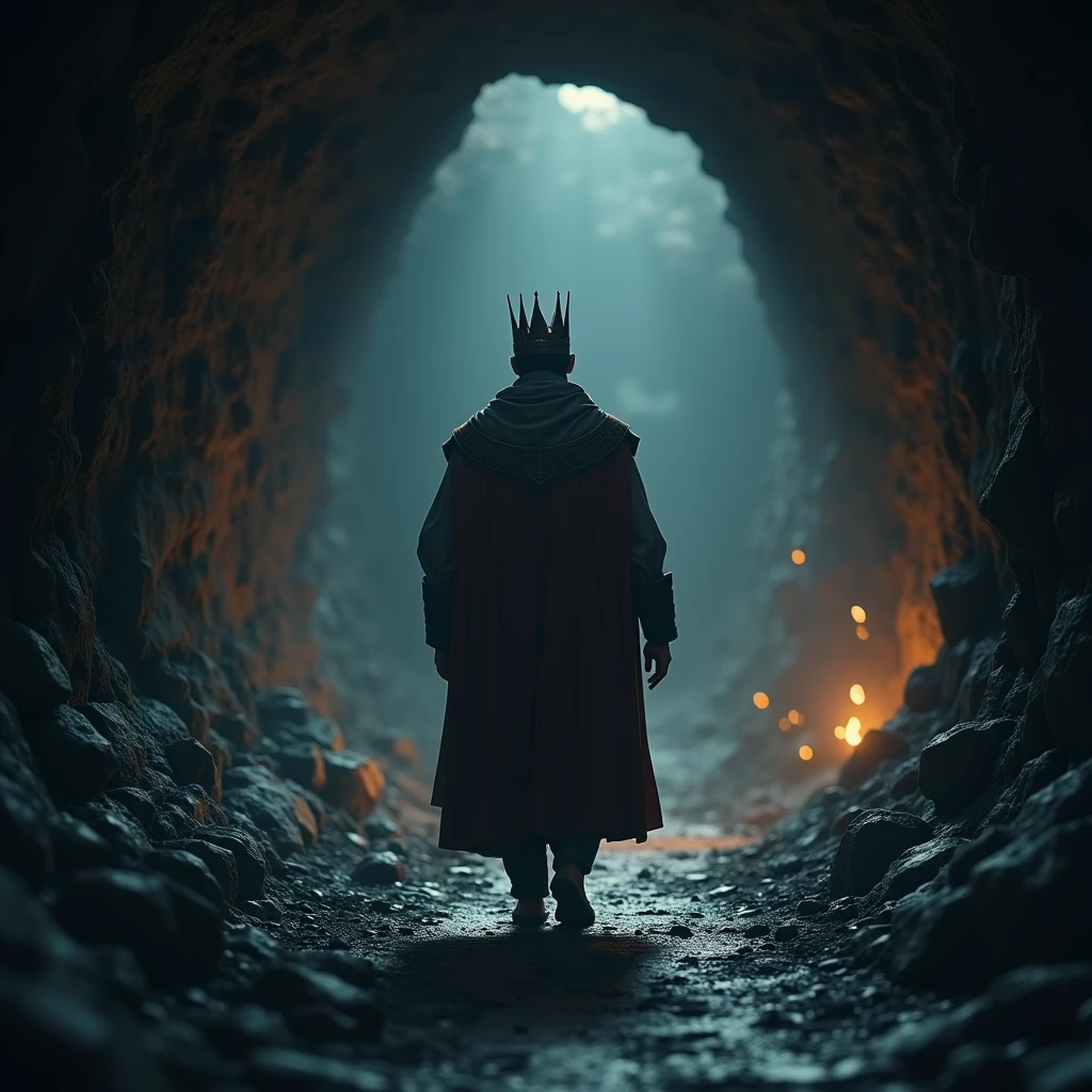 in 3d Animation style "**Entering the dark tunnel**: King Balveer stepping into the narrow, pitch-black tunnel."