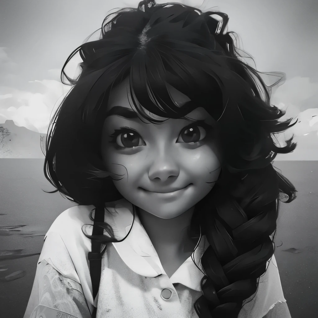 NauSKaaValOfWi, monochrome, greyscale, detailed 1girl, looking at viewer, sad smile, upper body,