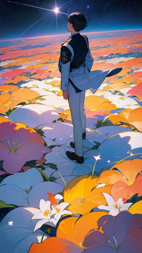 young man in the flower field, Looking at the sky, Space View, constellation, plane, moonligh, meia moonligh, top view, top to bottom, standing backwards, distant image