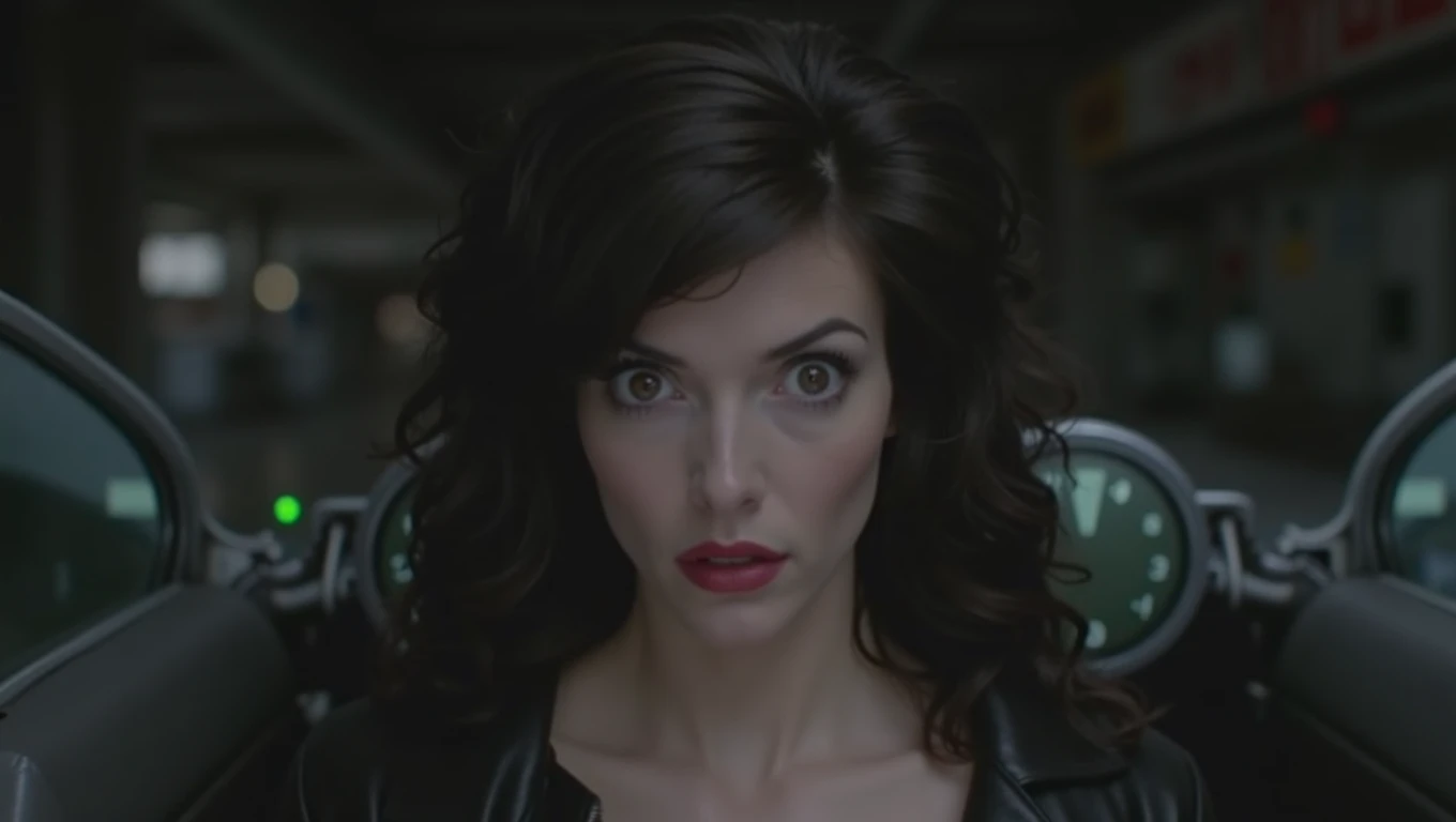Beautiful pale woman, detailed black hair, thin long nose, eyes wide with fear, cleavage, leather jacket, staring at viewer