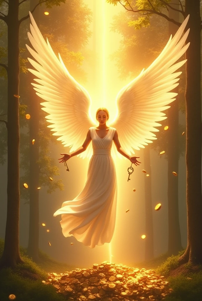 Good luck background image、A powerful miracle of light pours down、wishes come true、Good luck and satisfaction、May you find happiness in both your work and personal life.、Image of breaking the chain、key、Angel Wings、Gold coins、heart、Trees、sense of stability