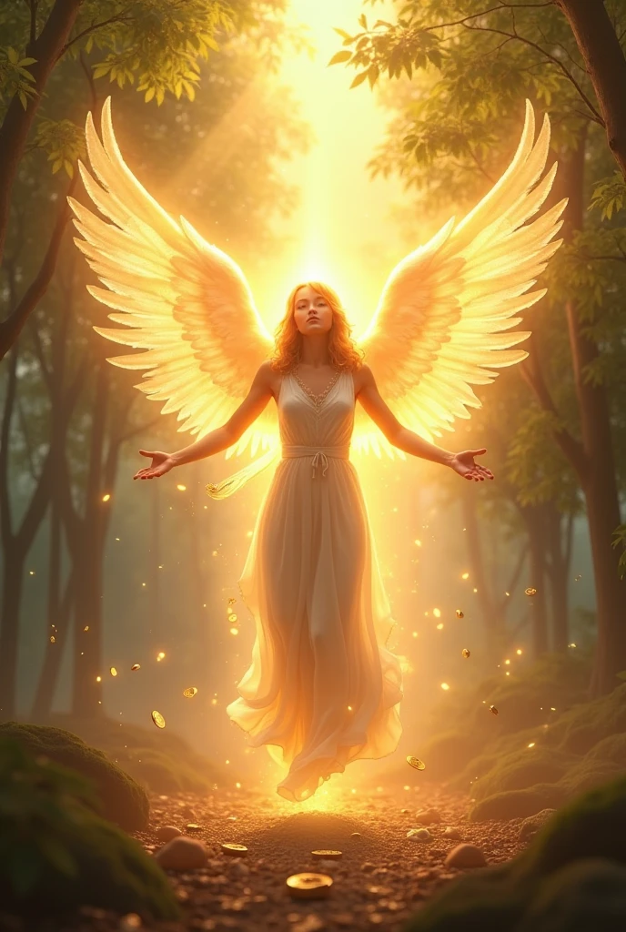 Good luck background image、A powerful miracle of light pours down、wishes come true、Good luck and satisfaction、May you find happiness in both your work and personal life.、Image of breaking the chain、key、Angel Wings、Gold coins、heart、Trees、sense of stability