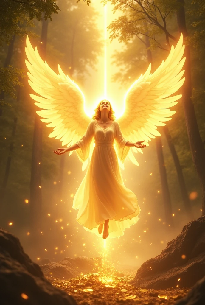 Good luck background image、A powerful miracle of light pours down、wishes come true、Good luck and satisfaction、May you find happiness in both your work and personal life.、Image of breaking the chain、key、Angel Wings、Gold coins、heart、Trees、sense of stability