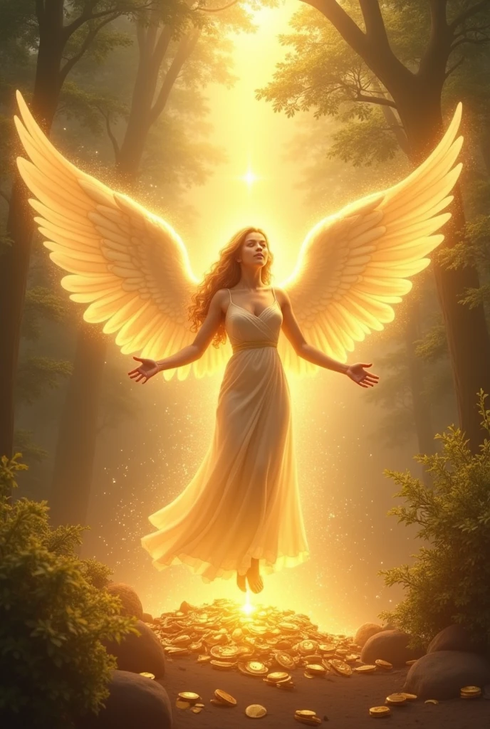 Good luck background image、A powerful miracle of light pours down、wishes come true、Good luck and satisfaction、May you find happiness in both your work and personal life.、Image of breaking the chain、key、Angel Wings、Gold coins、heart、Trees、sense of stability