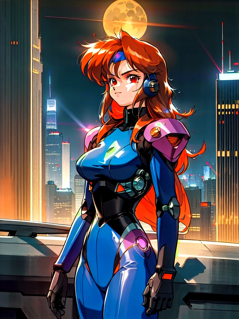 Kenichi Sonoda, retro art-style, 90s Japanese Anime Style, "bubblegum crisis", Sci-fi, Cyberpunk, Neon, Dystopia, (Amid the neon-soaked skyline of towering skyscrapers in mega Tokyo, 20-year-old anime beauty Pris stands alone on a gleaming skyscraper spire, bathed in the dazzling glow of the full moon. Her striking features are accentuated by a dark blue metal hard suit adorned with vibrant orange lines inspired by Syd Mead's industrial machine designs. Her brown medium-length hair frames her piercing gaze while she flashes a confident smile at the viewer. With fearless determination etched on her face, Pris is imposing and her entire presence exudes an aura of cool, stylish elegance. The smooth curves of her shadow, backlit by the moon, create a captivating silhouette, showcasing her unparalleled charm. She takes off her uncomfortable full-face headset and lets her hair flow freely in the cool night breeze. A beauty under the watchful eye of the city's towering skyscrapers.), 1girl, solo, The main character, "Priss", 20yo, anime beauty, Cool beauty, Unparalleled beauty, Brown medium length hair, forehead, red eyes, Cold and sharp eyes, harsh brushstrokes, dramatic lighting, A dark blue metal hard suit with orange lines has a sophisticated design, fearless look, an expression of ridicule, smile, Standing alone in the backlight, she looks cool and stylish, Standing, looking at us, close-up photography of upper body, bust shot, Depth of field, character focus, (masterpiece, anime cg, official art, work of art, Award-winning work, extreme quality, ultra high definition, all intricate, overall detailed, finely detailed, super detailed, very aesthetic, boast pompously, focus on entire screen, asymmetrical, raytraced, caustics, textile shading, incredibly absurd resolution, absolutely resolution, ultra high resolution, professional, vivid colors, 16k, perfect anatomy, ideal facial features, Beautifully detailed face, Beautifully detailed eyes, ideally proportioned figure,