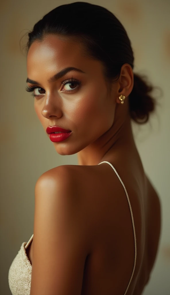 a beautiful woman with tanned skin, red lips, looking directly at the camera, bootylicious, high-fashion model shoot, best camera technique, sharp focus, (best quality,4k,8k,highres,masterpiece:1.2),ultra-detailed,(realistic,photorealistic,photo-realistic:1.37),cinematic lighting,dramatic colors,elegant pose,dynamic composition