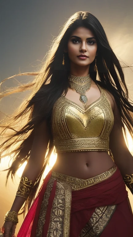 A beautiful Indian woman superhero, long dark hair, piercing eyes, high cheekbones, detailed facial features, big breast, intricate body armor with gold accents, holding a golden lasso, flying through the sky, dramatic lighting, cinematic composition, vibrant colors, epic fantasy, concept art style