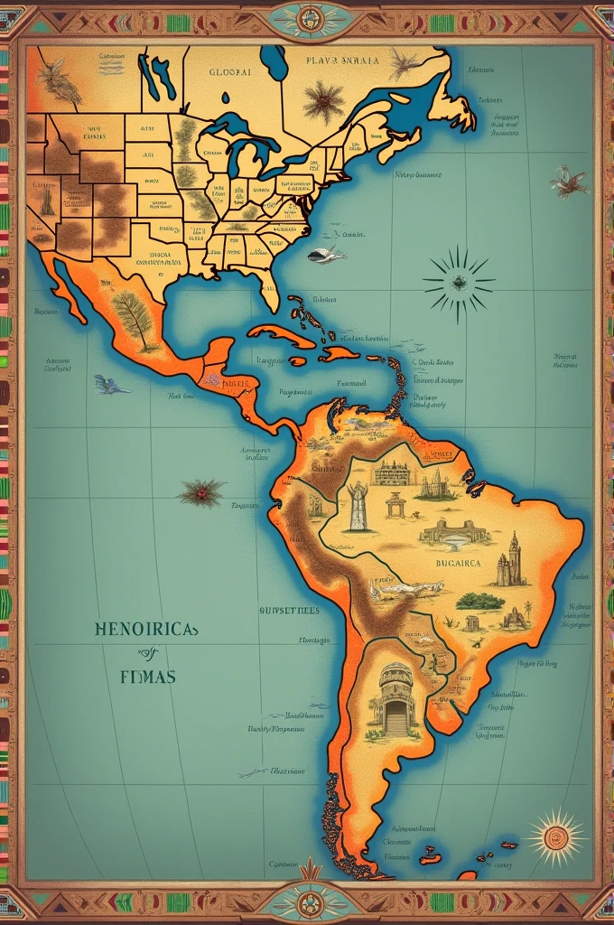 A map showing 4 large nations: the Muisca, Iroquois, Mexicas and Incas