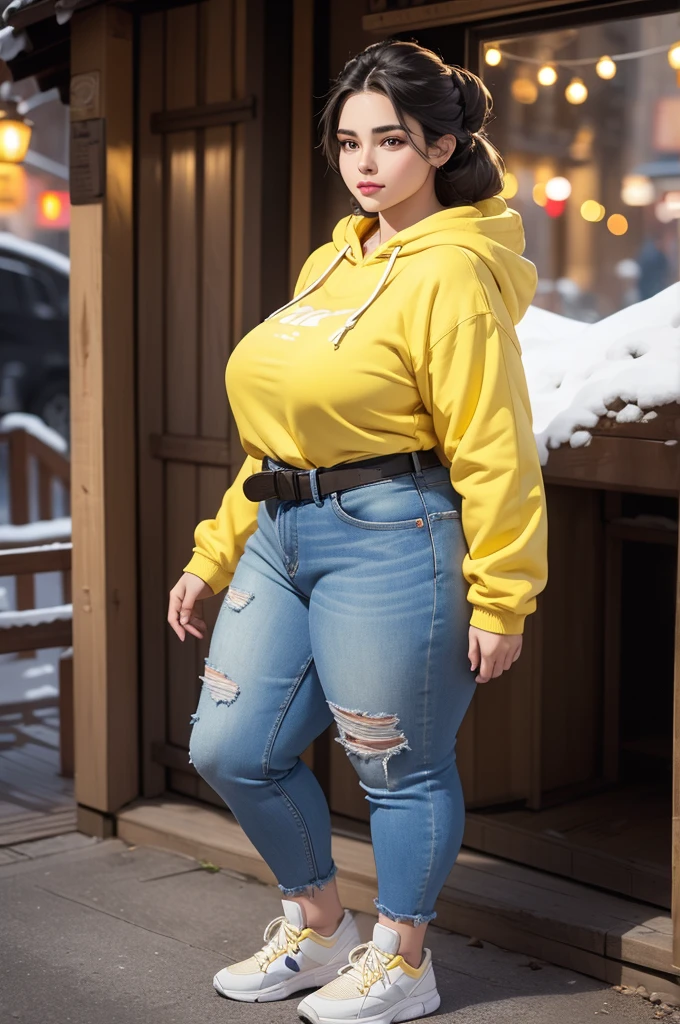 Beautiful sensual bbw woman with attractive body, long hair, forehead, french braid, The widest waist, fit the chest perfectly, Attractive highlighted loot, sparkling eyes, long eyelashes, thick thighs, strong calves, shy expression, Taniayushigar, she wears a hoodie, jeans, yellow belt, yellow sneakers, Take a walk in a mountain village, Looking at the old building, Winter's Evening, realistic, masterpiece, bokeh, volumetric lighting, Winter Season Atmosphere, Full body shot taken from the side