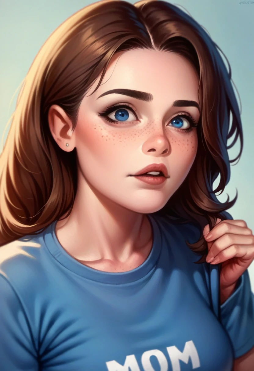 Brunette girl with freckles and blue eyes. Medium-wide-angle. Square face and pouty lips. Soccer mom.