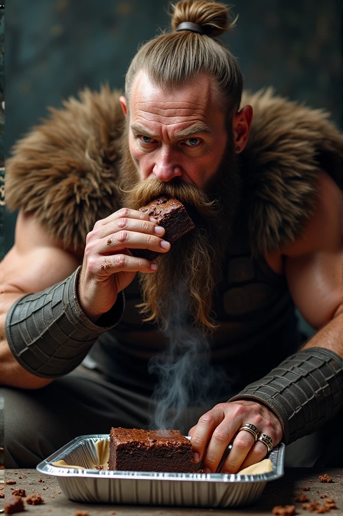 Viking eating brownie on small aluminum tray 