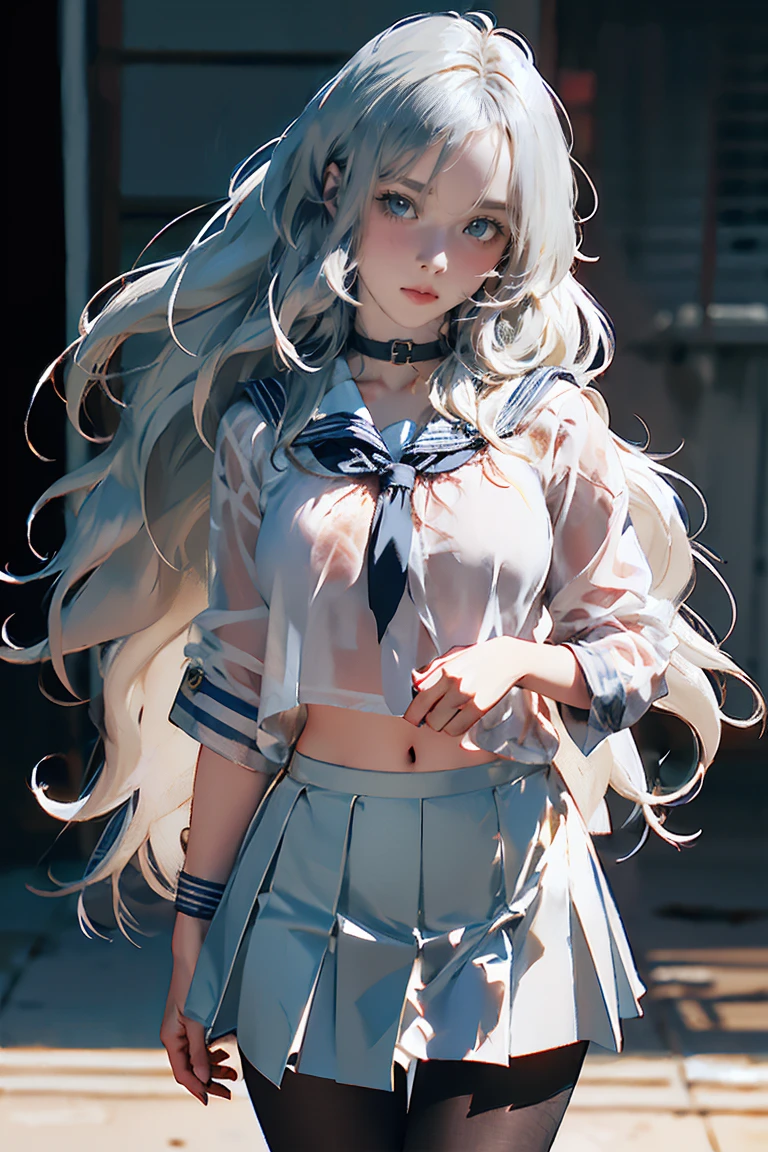 ((See-through),(Sailor collar uniform),shirt, Pleated skirt,(Black Pantyhose),[:(Detailed face:1.2):0.2], RAW Photos, (masterpiece), (Highest quality), High resolution, (Realistic, photo-Realistic:1.2), Super detailed, Physically Based Rendering, One person, Air Van, Long Hair, (Silver Hair), Wavy Hair,Large Breasts,NSFW