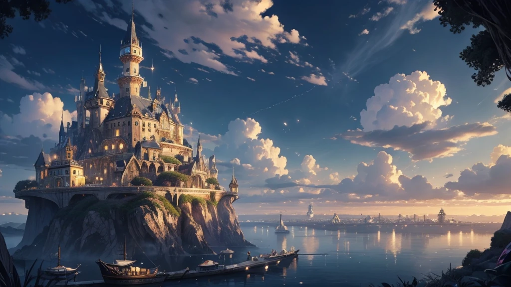 ((masterpiece)),((Highest quality)),((High Detail)),nobody,background, fantasy, Floating Island, Floating Island, Pastel clouds, An exquisite city, gem