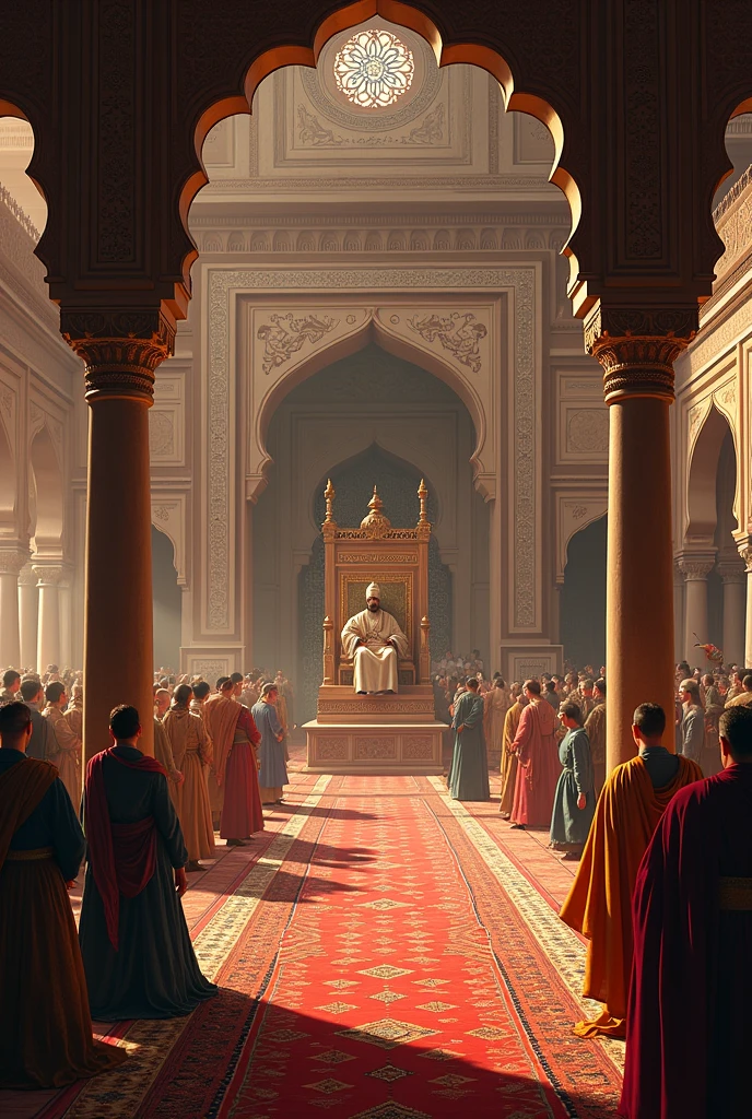 Prompt:
A grand, opulent Mughal court. The emperor sits on a richly decorated throne, surrounded by nobles, courtiers, and guards. Intricate Persian carpets cover the floor. Sunlight streams through stained glass windows, casting a warm glow on the lavish decor. In the background, skilled artisans work on delicate miniatures and intricate jewelry. The atmosphere is one of power, wealth, and cultural refinement, reflecting the zenith of Mughal rule in India.
