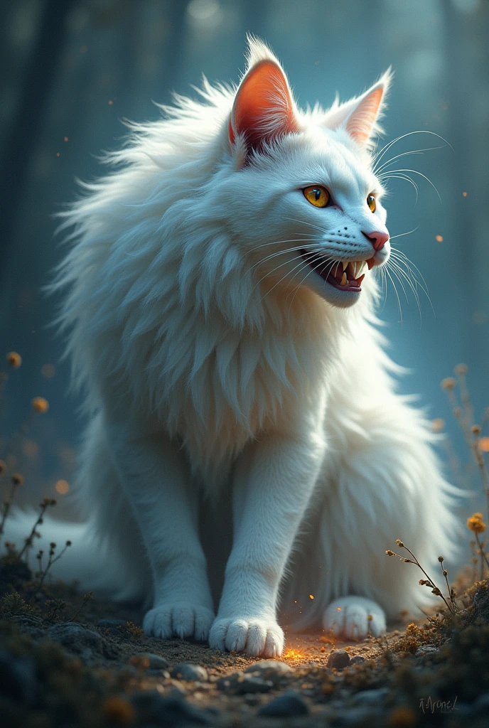 Create an image of the white queen cat with wild features as a totem