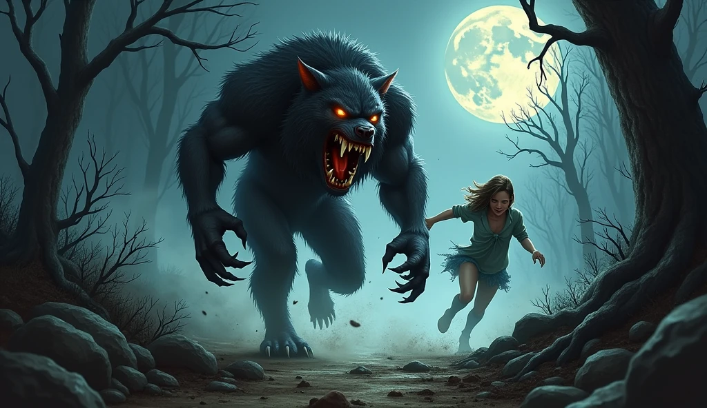create angry and bloodthirsty werewolf, running after a desperate girl