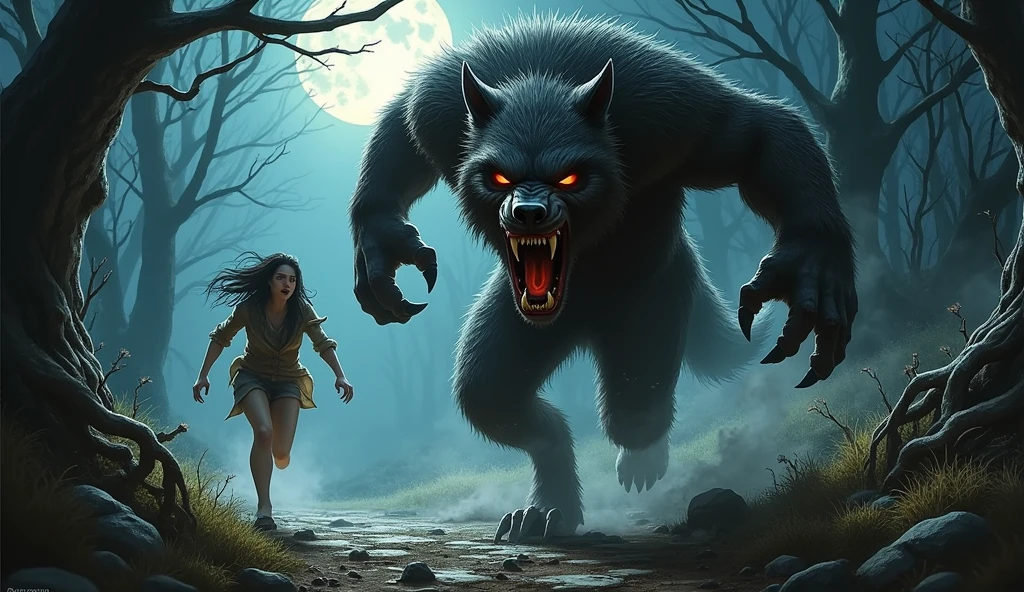 create angry and bloodthirsty werewolf, running after a desperate girl