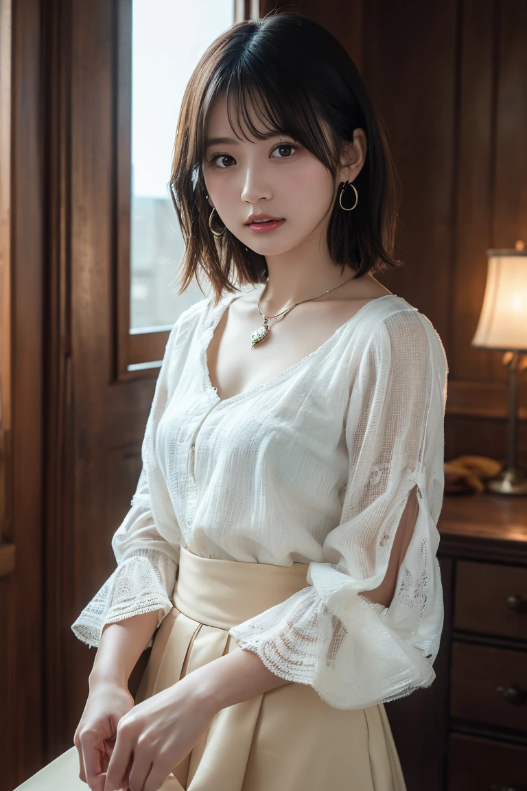 (Highest quality:1.4),(masterpiece:1.4),(Realistic:1.4),(Realistic:1.2),(超High resolution, RAW Photos:1.4),(High resolution, Ultra-detailed:1.2),(8k:1.2),View your viewers,Cinematic photography,One person,skeletally correct,Black-haired woman,Woman in her early 20s,(Small earrings,necklace,White blouse with voluminous sleeves,Ivory crochet long skirt),(Western-style building interior,Dimly lit room,The lamplight shines on my cheeks)