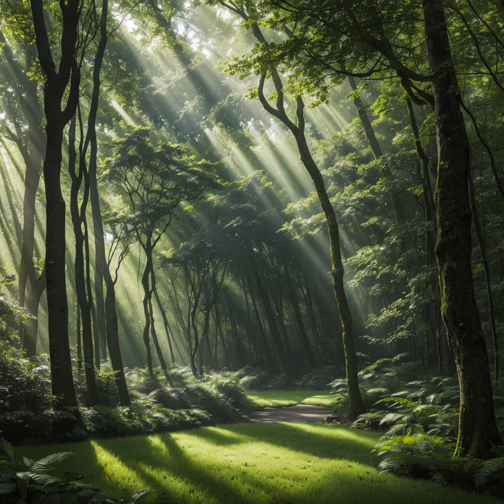 "A serene forest setting with dense trees and lush greenery. Soft sunlight filters through the canopy, casting gentle rays of light that illuminate patches of leaves and grass on the forest floor. The atmosphere is peaceful and magical, with the focused light creating natural spotlights on the foliage, enhancing the vibrant green hues and adding a sense of tranquility to the scene."