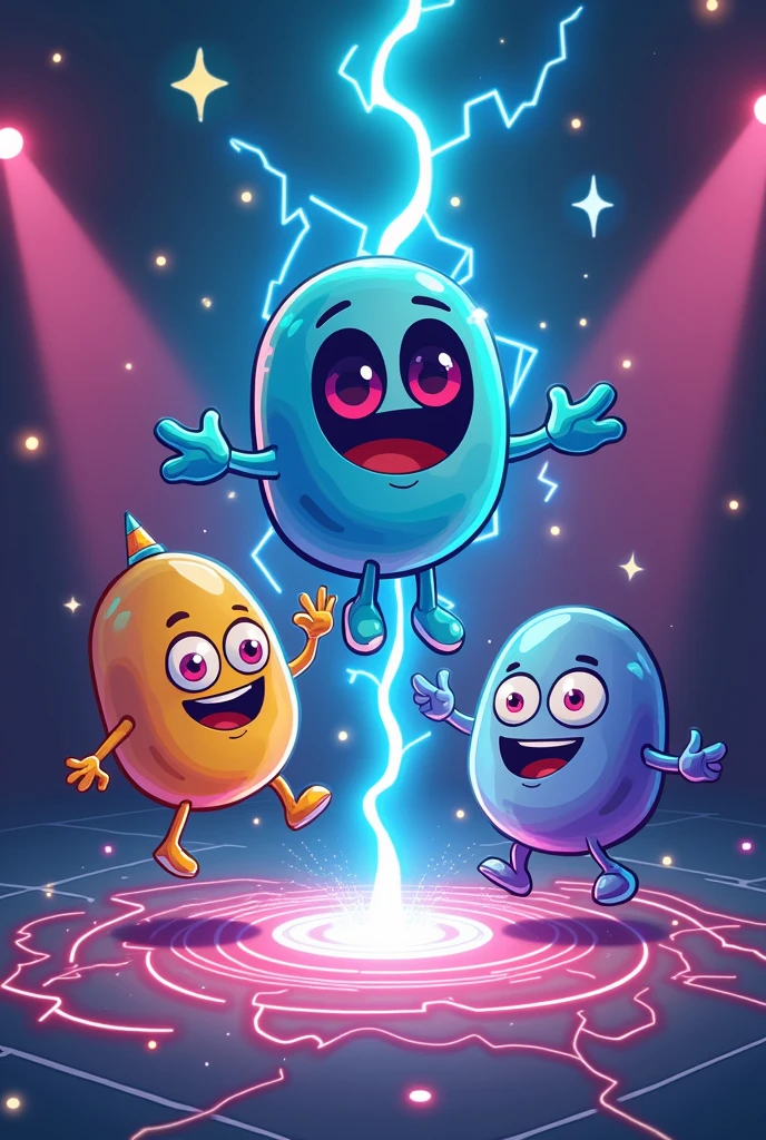Make a cartoon about this: 1. Floating Cartoon: Imagine a couple of "electric characters" at a dance party, where one of them (the "charge") está baithendo sobre un "conductive ground" que es extremadamente resbathedizo. La charge está en equilibrio sobre el conductor, without touching the ground, y parece estar flotando debido a the "levitation" provocada por thes fuerzas electromagnéticas.
Description: in this cartoon, the character is floating through the electric or magnetic field. Los efectos de the flotación son visibles con líneas de campo que muestran cómo the charge está equilibrada sin contacto directo.