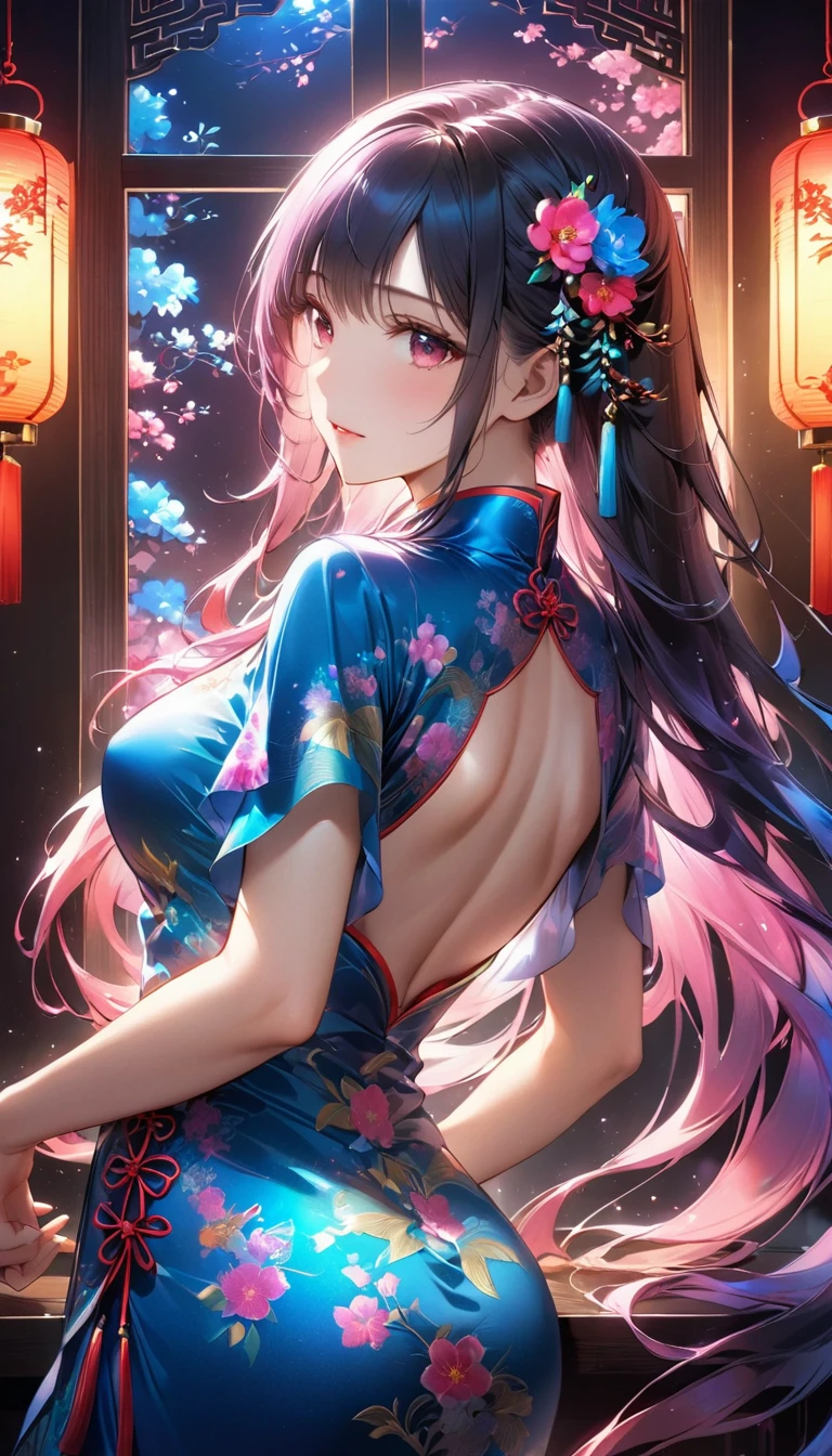 Mature woman standing with her back to the camera:Deluxeなチャイナドレスを着た少女1名,
Smooth, Moisturized and firm skin, A beautiful Chinese dress with a delicate pattern,
A corner of the entertainment district, A dark background to make your subject stand out, Large windows, soft light from a lantern,
break (detailed silk texture:Deluxe:Gloss:Smoothness:Sappiness),
break 最高品質, Highest Resolution, Detailed and crisp image quality, 16K, Super Retina,
A tight and attractive Chinese dress, Adult sex appeal, melancholy, Feeling Weak, Long hair tied back, 窓から見えるcolorfulな花火,
Detailed and complex, colorful, Transparent full color coating, Light and Darkness, High Contrast,
break 窓から見える豪華な花火, beautiful,
Upper Body Shot,