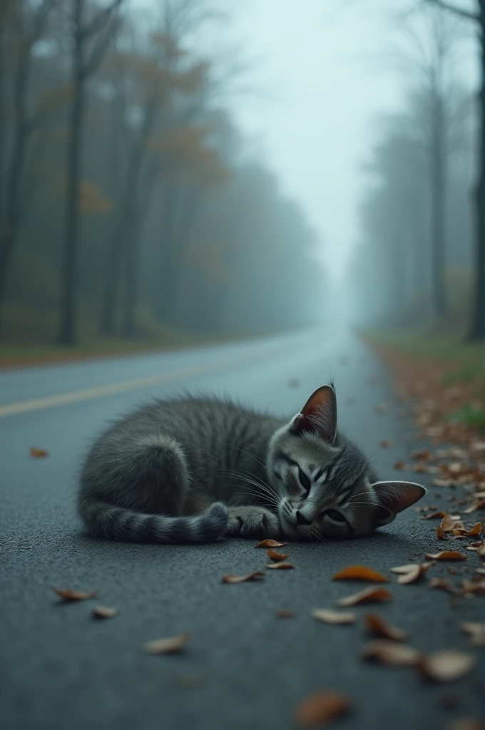 small, frail gray kitten lies curled up on the side of a quiet road, its fur matted and its eyes half-closed. The road is deserted, with a few scattered leaves blowing in the wind, and the sky above is overcast, casting a somber mood.