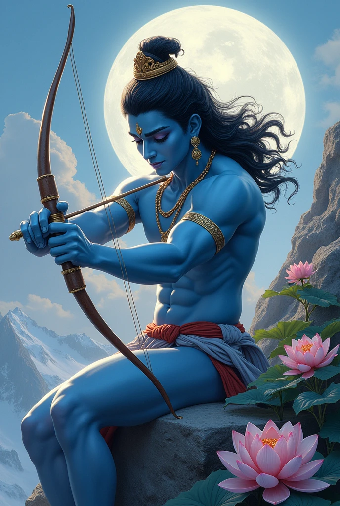 Lord fit  man  Shri Ram's face was bright, gentle, soft and beautiful like the moon. His eyes were beautiful and big like lotus. His nose was long and well-shaped like his face. He has a bow and arrow in his hand. Blue colour full body, small black hair,on big mountain 