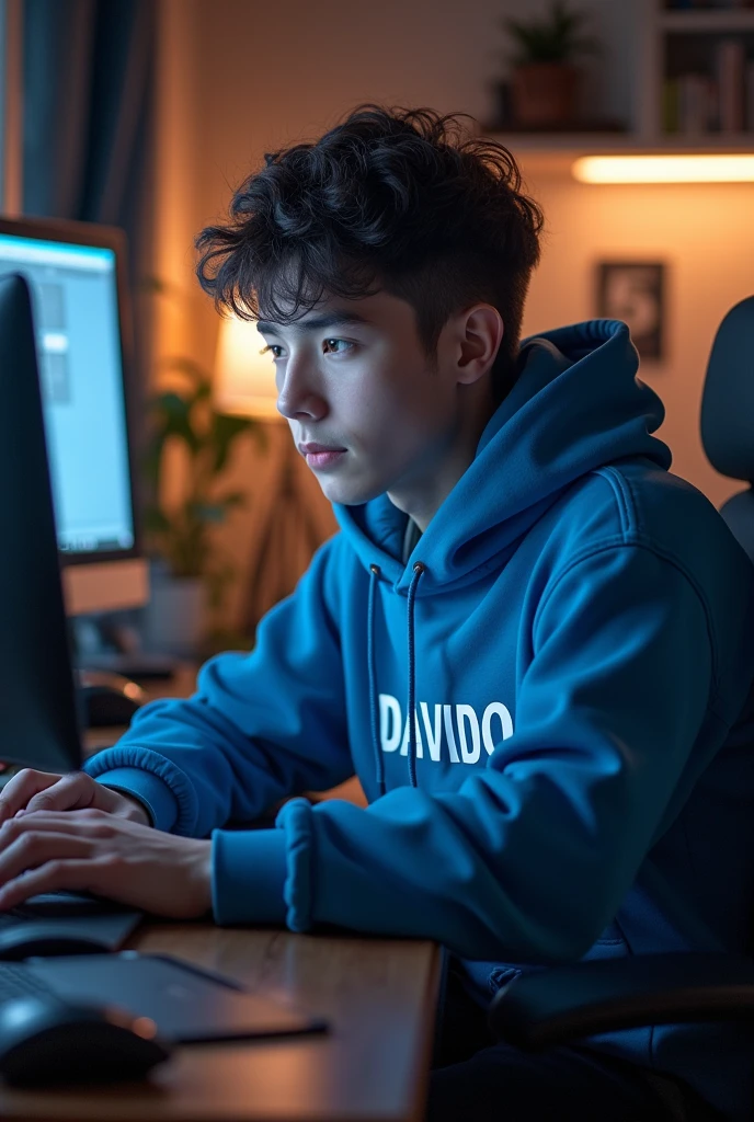 A programmer sitting in his computer setup wearing a blue hoodie with his name DAVIDO in it