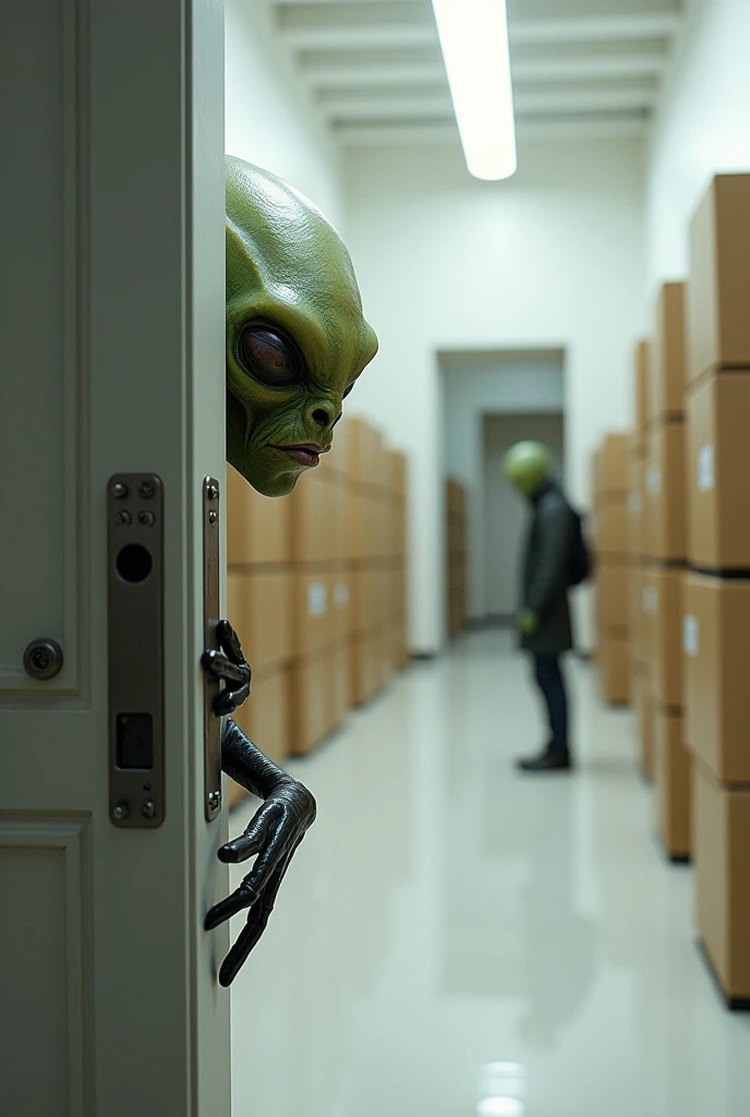 It generates the image of a Martian with only his face and a hand sticking out, holding the door that appears to be open and through which you can see the background of a white room full of stacked boxes and another Martian taking a flying saucer out of one of them.