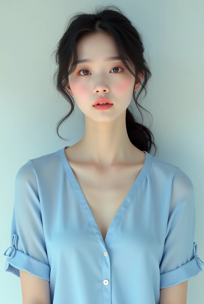 Light-skinned Korean woman facing front, small chest, wearing sky blue summer clothes