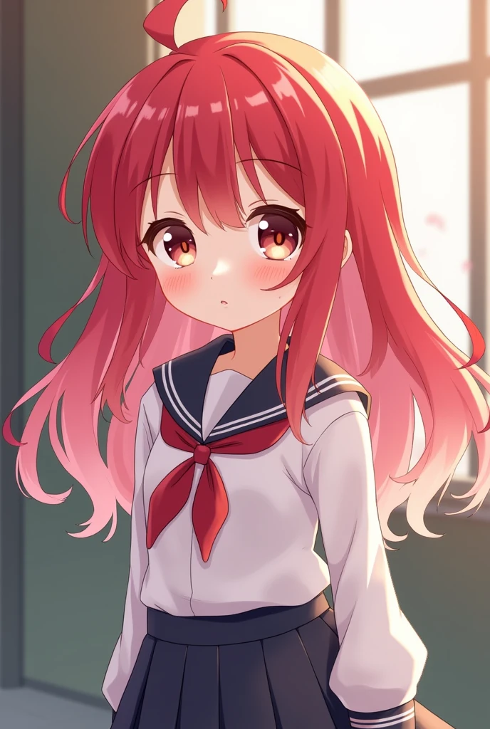 Create an anime girl with 5.9 inch height, get hair color most be red and pink, in school dress