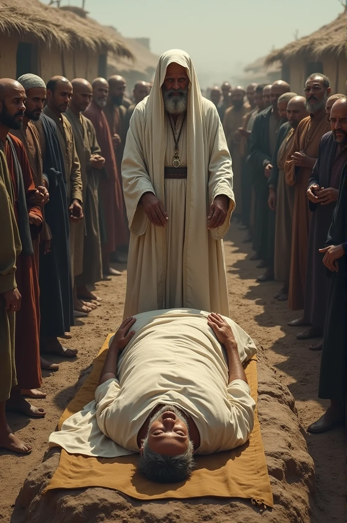 An old man is 50 years old, 7 meters, dead, on top of it, the ambassador is a cloak of clothes, the land is raw, such as villages, people stand in the queue, in front of the dead, the imam is standing in the white dress, both his hands are on the kano, the one behind the Imam is also dressed like Imam, the funeral is being paid