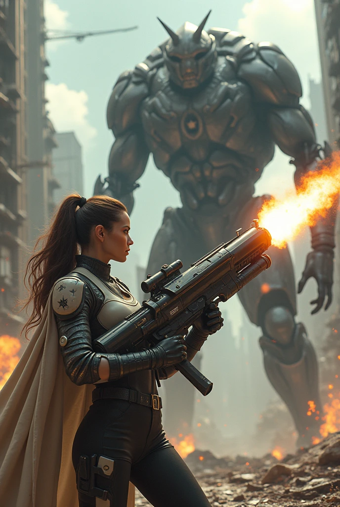 sexy girl in Giant Weapon, firing to a monster, massive destruction and debris in city scenery