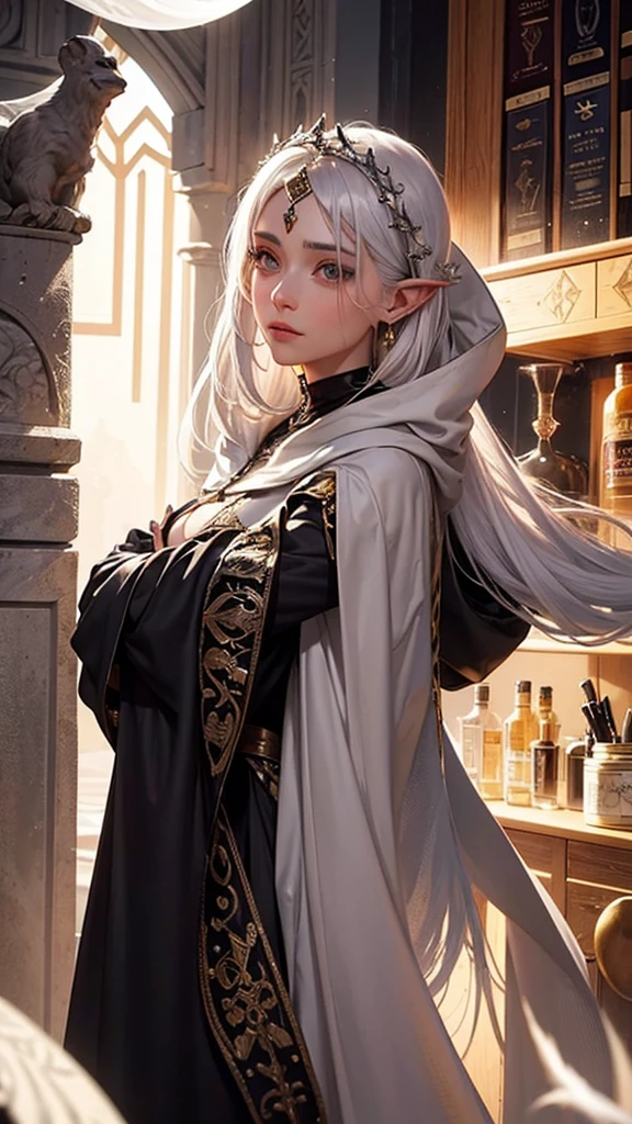 a beautiful mystical elfa sorceress, modest, wearing an old dark hooded cloak, white hair, deep dark eyes, tan skin, brave warrior, ambitious, not very friendly, orphaned thief, non nude