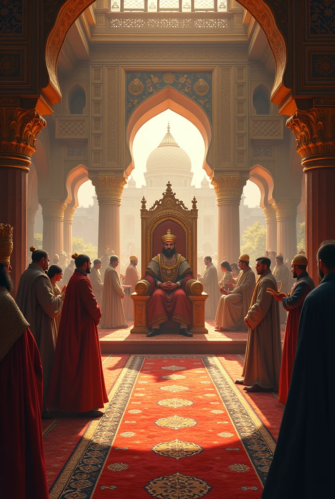 Prompt:
A grand, opulent Mughal court. The emperor sits on a richly decorated throne, surrounded by nobles, courtiers, and guards. Intricate Persian carpets cover the floor. Sunlight streams through stained glass windows, casting a warm glow on the lavish decor. In the background, skilled artisans work on delicate miniatures and intricate jewelry. The atmosphere is one of power, wealth, and cultural refinement, reflecting the zenith of Mughal rule in India.
