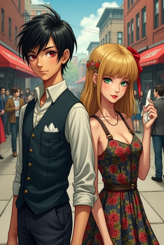 beautiful boy with red eyes, black hair dressed in vest, shirt and in his shirt pocket a handkerchief , Next to her a beautiful girl with golden hair and emerald eyes and bangs with a red ribbon, wearing a girl&#39;s colored dress with straps and holding a handkerchief in the background a street with many people and there is only a store with red bricks and that sells groceries and is set in the time where women dressed in dresses and men in jackets that has horror and mystery in the image and looks like a realistic drawing



