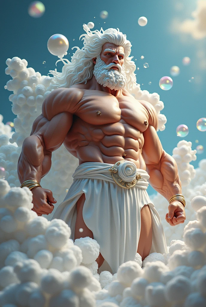 Greek god Zeus,doing the Arnold pose with foam and soap bubbles in the background