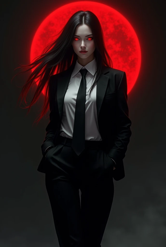 create a female character with red eyes, a red halo, long black hair and fair skin. Wearing a loose fitting suit showing a white dress shirt with a black tie, black dress pants and black dress shoes. With medium-sized breasts.
