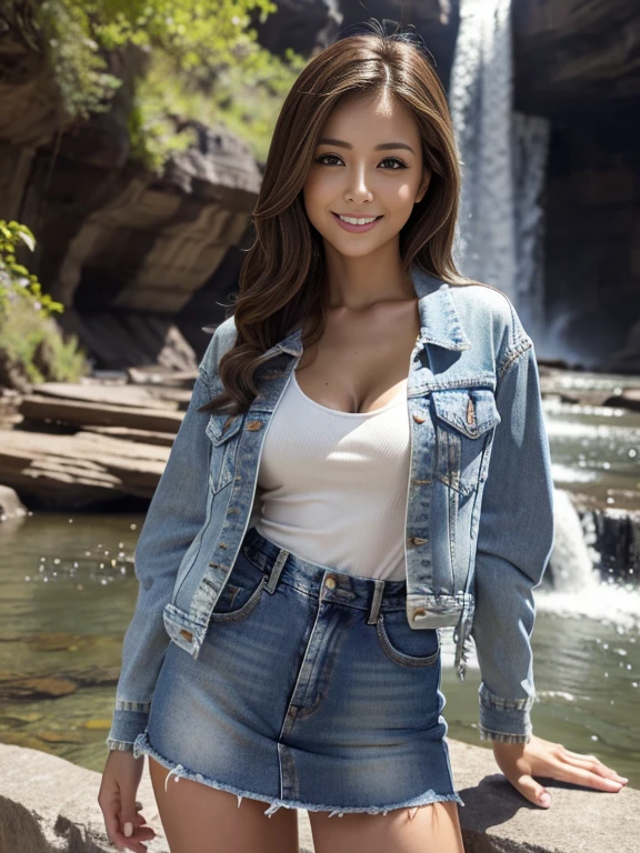 Highest quality, masterpiece, Ultra-high resolution, (Realistic:1.4), Beautiful woman, Clear grey V-neck shirt, G-string, Cleavage, ((Denim jacket)), Center of chest, Tight waist, Glowing Skin, 魅惑的なsmile, Bokeh, smile, pubic hair, thick pubic hair, long pubic hair, Denim mini skirt, Brown Hair、Waterfall on the background of the canyon、
