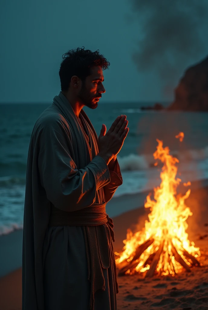 scared man holding his head and reciting mantras, there is a fire burning near him, it is night time, it is a scary atmosphere, it is the sea shore, 
The image will be of 16:9 size