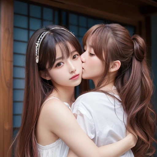 (Highest quality、4K、8k、High resolution、masterpiece:1.2)、Very detailed、(Real、Photorealistic、Photorealistic:1.37)、(japanese two girls)、 hug and kissing、(hair style:Random)、(hair color:Random)