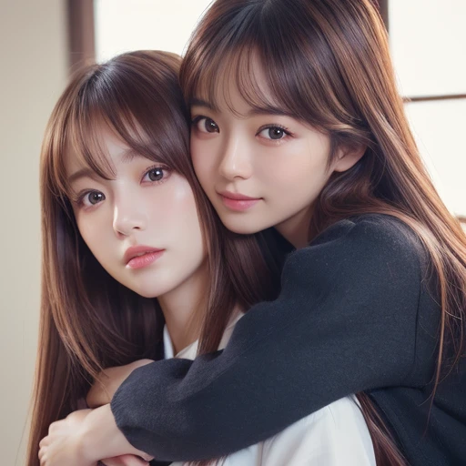 (Highest quality、4K、8k、High resolution、masterpiece:1.2)、Very detailed、(Real、Photorealistic、Photorealistic:1.37)、(japanese two girls)、 hug and kissing、(hair style:Random)、(hair color:Random)