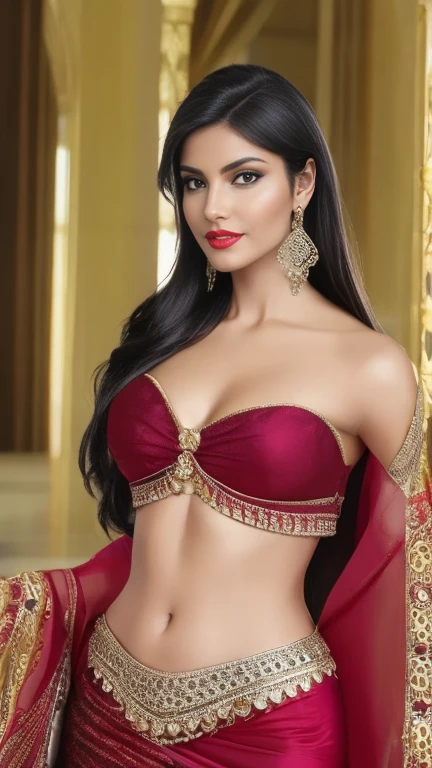 ,masterpiece, top quality, 8K, real person, realistic, very dense CG, shiny skin, fully focused, radiant, A beautiful Arabic belly dancer, seductive look, wearing a bicini , bold clothes, bold environment,, cinematic look red lips,bold and majestic look,, wearing a loose top, stylish design, mesmerizing look,bold and majestic look, Background royal palace, beautiful and elegant lady