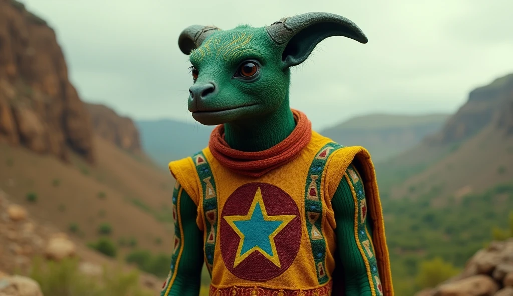 Ethiopia as an african League of Legend creature in green, yellow and red with a blue five-pointed star ethiopian symbol. Intricated clothing. Cinematic Fantasy sci-fi landscape background