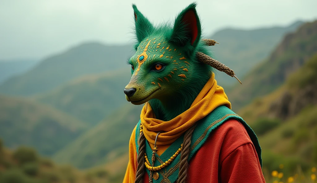 Ethiopia as an african League of Legend creature in green, yellow and red with a blue five-pointed star ethiopian symbol. Intricated clothing. Cinematic Fantasy sci-fi landscape background