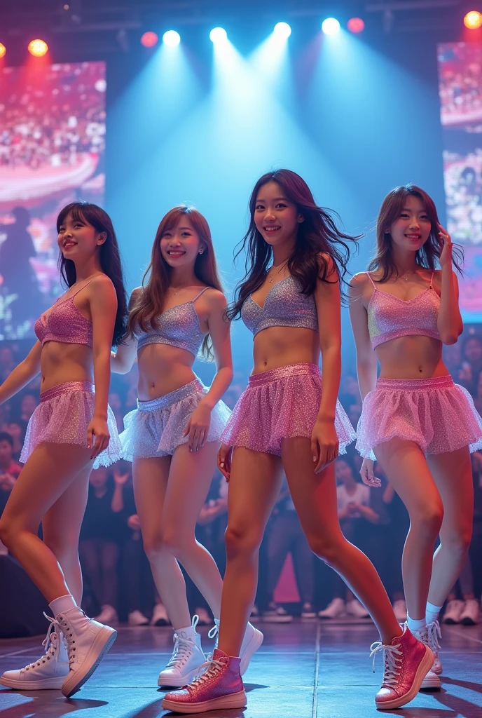 An energetic and lively image of a four-member Japanese idol group produced by Yasushi Akimoto, performing on stage at a concert. The group consists of four young, cute, and cheerful women, each with a unique style and personality. They are dressed in coordinated outfits featuring crop tops and , revealing their midriffs. The outfits are stylish, blending colorful and trendy elements with a bit of sparkle, embodying a modern pop idol aesthetic. The members have youthful and adorable appearances, with bright smiles and expressive eyes. They are dancing energetically, striking dynamic poses that exude confidence and charm. The concert stage is illuminated with vibrant lights, and the background shows an enthusiastic crowd. The overall mood of the image is lively and full of excitement, capturing the essence of a contemporary idol group in a thrilling performance."