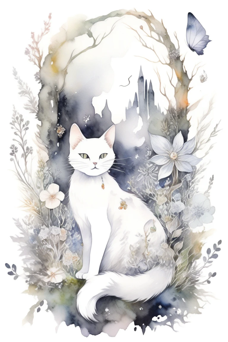 cat, biome made of moss, twigs, flowers, gems, crystals, light, wind, energy, hope, ultra high definition, glossy, a fae caught on camera in his biome, watercolor sketch in artistic style, large strokes, finalized with ink, fine lines, sketch artstyle, graycale, monochrome,